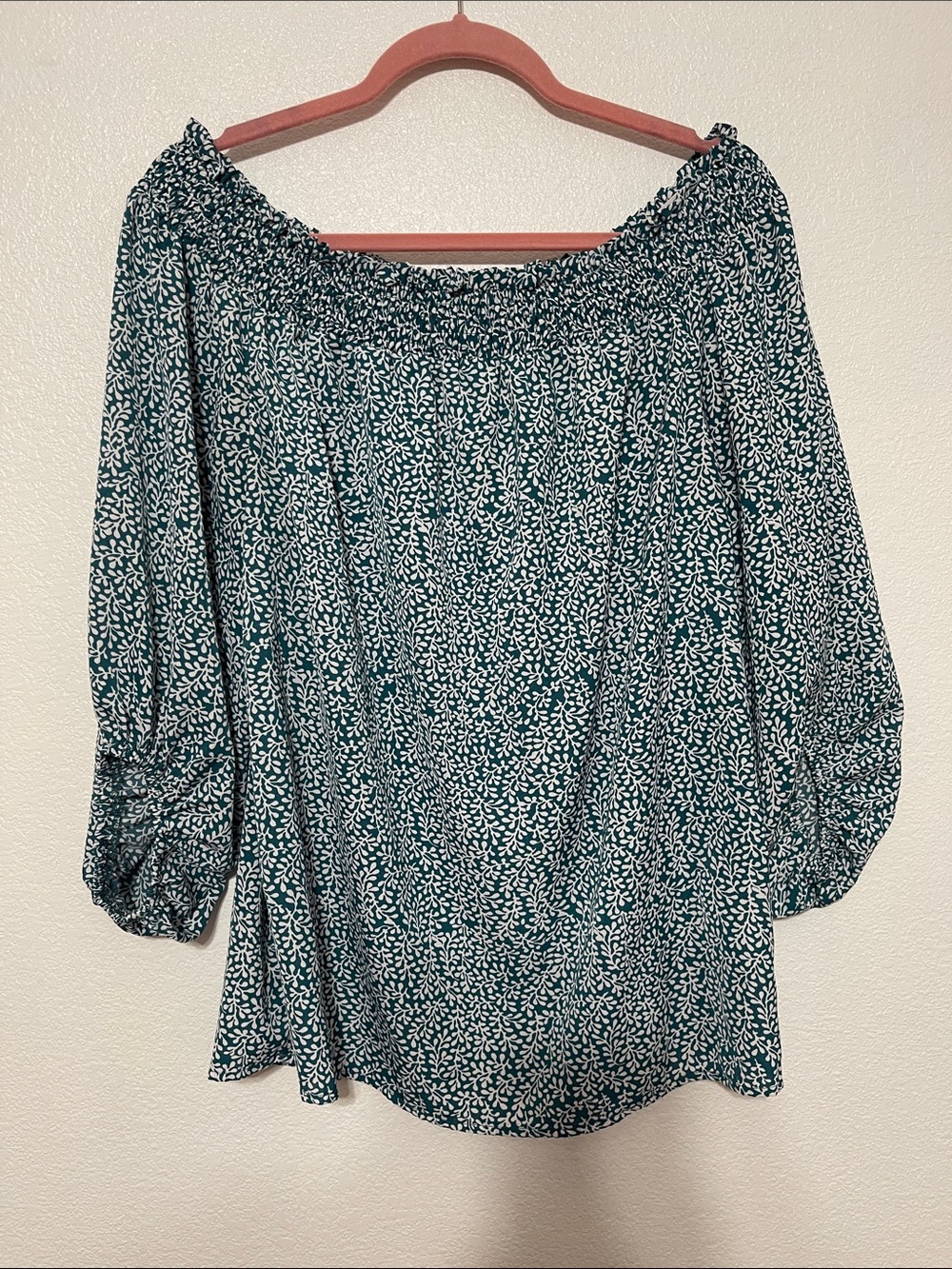 Off-Shoulder Teal Floral Peasant Blouse